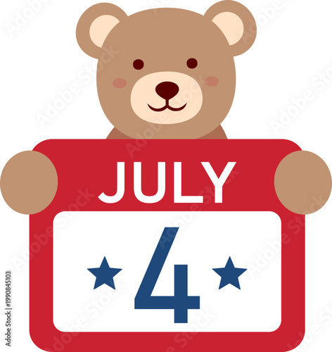 Patriotic brown teddy bear flat vector Illustration.
Cute patriotic teddy bear with a July 4th calendar.
Transparent background. svg.
