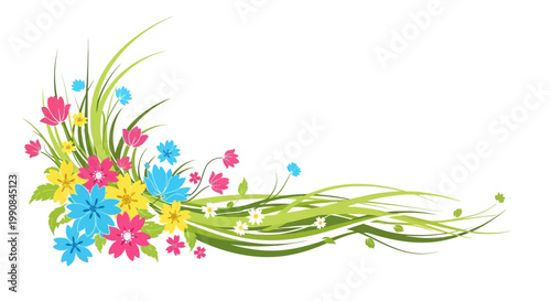 Colorful vector illustration featuring a floral design with pink, yellow, and blue flowers and green grass accents, set against a clean white background, conveying a cheerful spring mood
