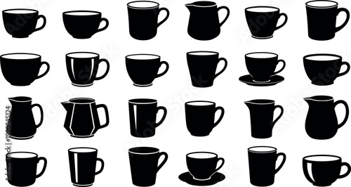 Set of coffee cup silhouettes mug teacup and pitcher black icon collection
