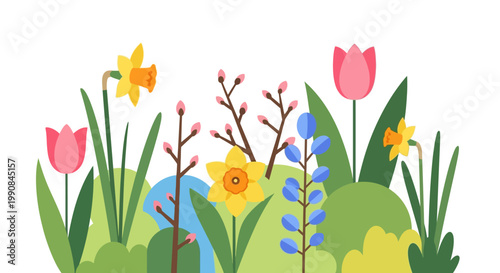 Colorful vector illustration of springtime flowers and plants, including tulips and daffodils, artistically designed in a flat style with a cheerful mood against a clean white background
