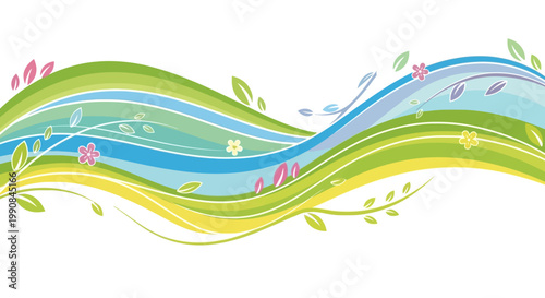 An ornate vector illustration featuring abstract waves of green, yellow, and blue hues intertwined with delicate floral and plant accents, set against a clean white background in a visually