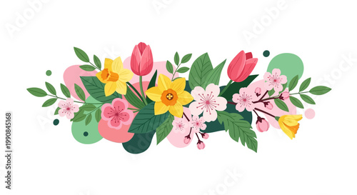 A vibrant spring illustration featuring tulips, daffodils, and cherry blossoms arranged with green leaves and colorful geometric shapes, conveying a cheerful mood against a clean white