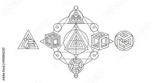 Geometric shapes and sacred symbols pattern.