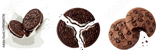 Chocolate cookies with cream filling broken pieces and chocolate chip biscuits vector set