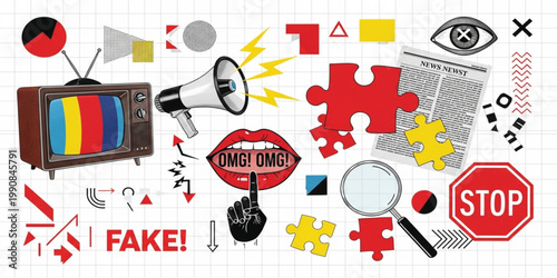 Fake News Media Collage with Television Megaphone Newspaper Stop Sign Puzzle Lips Eye and Retro Propaganda Elements Design