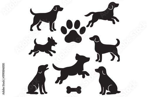 Silhouettes of various dog breeds with a paw print and bone