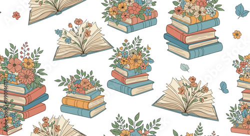 Elegant seamless pattern features stacks of old books and open novels decorated with colorful flowers and leaves on a white background.