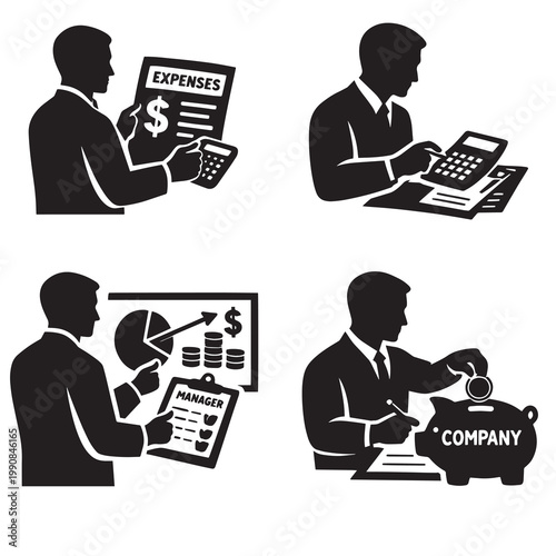 Four business finance silhouette icons showing expense tracking accounting financial analysis and company savings investment in simple black design
