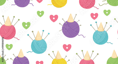 Seamless pattern with colorful yarn balls knitting needles and hearts cute textile design