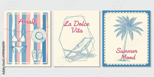 Summer Vacation Poster Set with Amalfi La Dolce Vita Palm Tree Beach Chair Retro Travel Collection Design