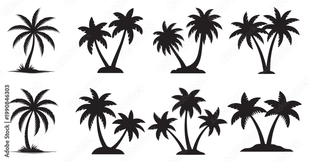 Fototapeta premium Tropical palm tree vector silhouettes, group of palm trees for summer holiday graphics. vector illustration eps 10