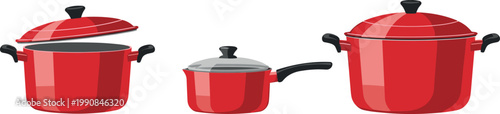 Set of red cooking pots and saucepan with lids isolated kitchen cookware illustration