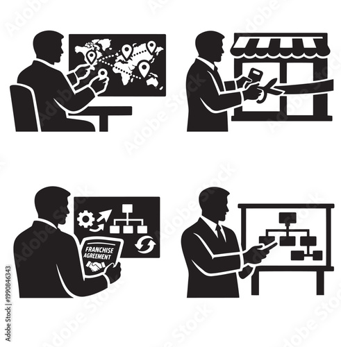Four business silhouette icons showing market planning store opening franchise management and organizational workflow in simple black design