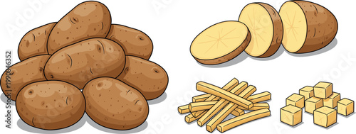 Set of raw potato icons with a pile of whole tubers sliced rounds french fries and cubes isolated on white background vector illustration