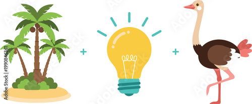 Flat Style Tropical Palm Island, Glowing Light Bulb Idea, and Cartoon Ostrich Bird Set Isolated on White Background for Nature, Creative, and Wildlife Designs