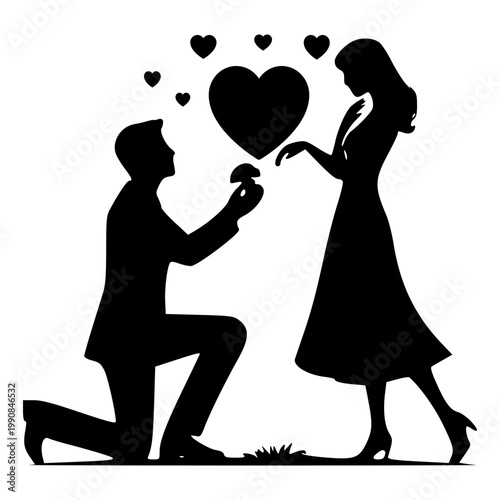 A romantic vector graphic of a man proposing to a woman with a heart above them