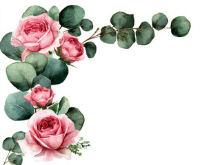 Delicate pink roses and eucalyptus leaves artfully arranged in a floral corner (1)