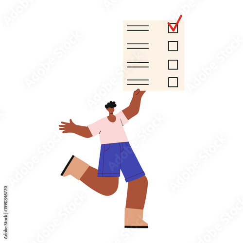 Man holding paper bulletin with checkmarks, democratic decision in political campaign. Selecting choosing candidate. Flat vector illustration isolated background