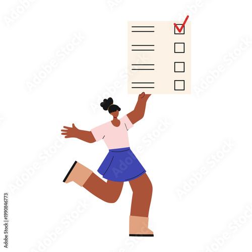 woman holding paper bulletin with checkmarks. Selecting choosing candidate. Flat vector illustration isolated background