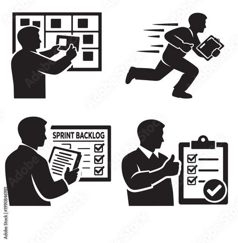 Four agile workflow silhouette icons showing task planning fast execution sprint backlog and project approval in simple black design