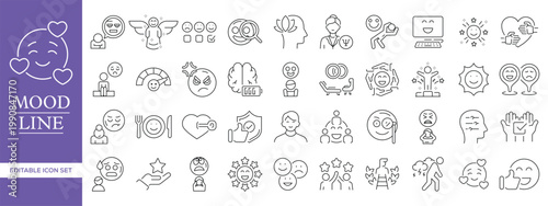 Mood line icon set with editable stroke including happy, sad, angry, calm, stressed and emotional expressions. Clean vector illustration for UI, UX and apps.