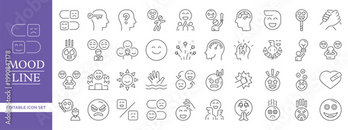 Mood line icon set with editable stroke including happy, sad, angry, calm, stressed and emotional expressions. Clean vector illustration for UI, UX and apps.