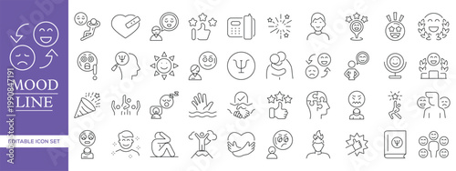 Mood line icon set with editable stroke including happy, sad, angry, calm, stressed and emotional expressions. Clean vector illustration for UI, UX and apps.