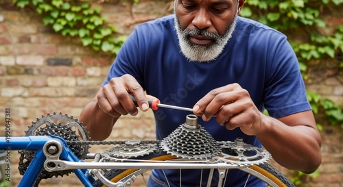 A senior African man with a beard repairs a bicycle in a garden. He uses a screwdriver to adjust the bike's gears. Green foliage is visible in the background.