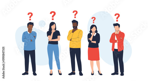 Diverse group of five people standing and looking thoughtful with large red question marks over their heads for problem solving.