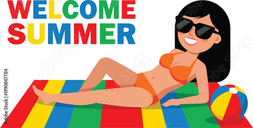 Woman in bikini relaxing on a beach towel with a beach ball welcoming summer concept flat design illustration for vacation and travel