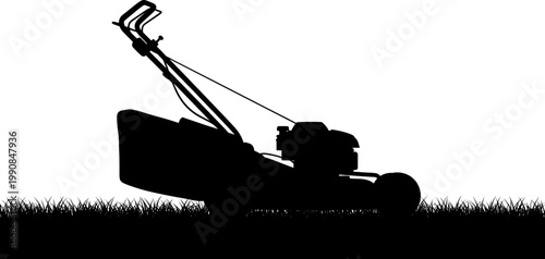 Gas lawnmower silhouette cutting grass in a backyard