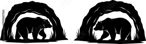 Grizzly bears walking through cave entrances silhouette
