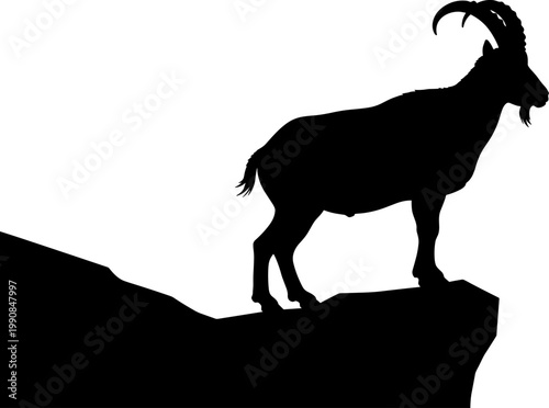 Ibex figure perched on high mountain cliff edge peak