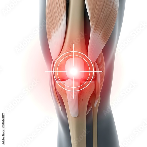 Anatomical illustration of a human knee joint with pain highlighted