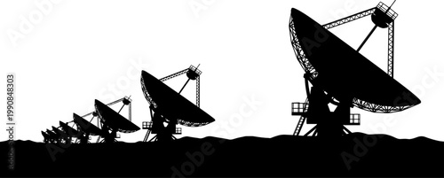 Row of radio telescope dishes silhouette scanning the sky