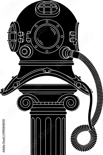 Vintage brass diving helmet displayed on a classical column