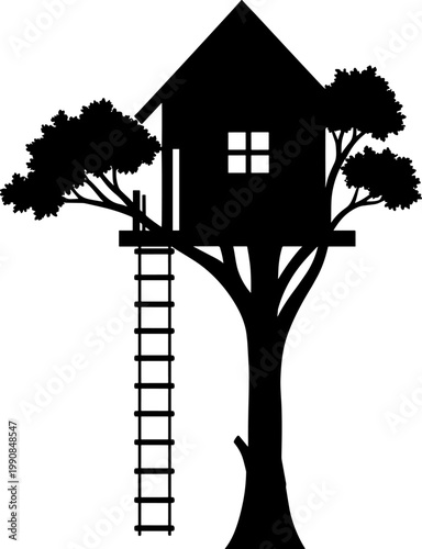 Wooden treehouse silhouette built into a large tree with a ladder