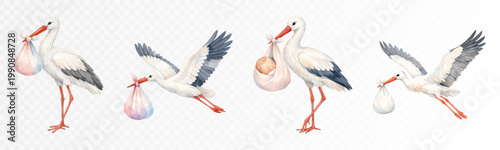 Watercolor stork collection with flying and standing birds carrying baby bundles, sweet nursery illustration set for baby shower, announcements and children’s decor. Vector illustration.