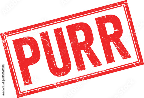 Red Distressed Rubber Stamp with the Word Purr Inside a Rectangle Frame