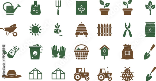 Collection of gardening and farming tools and accessories icons Vector