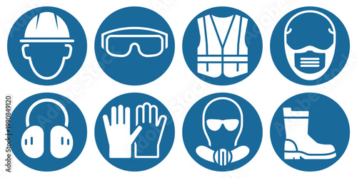 Mandatory sign set, protective workwear icons, safety work equipment and protective clothing symbols, construction safety labels and industrial compliance concept, clean modern vector illustration