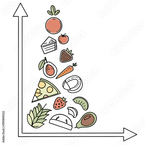 A colorful illustration of a food pyramid with various fruits and vegetables