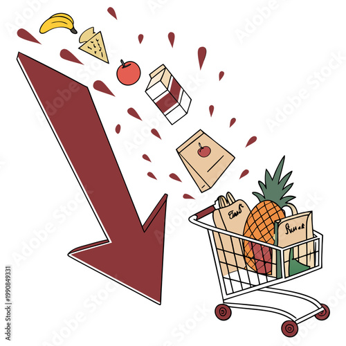 Cartoon illustration of grocery items falling into a shopping cart with a large red arrow