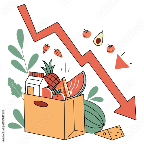 A grocery bag filled with food items and a downward trend line indicating a decrease in grocery shopping or food prices