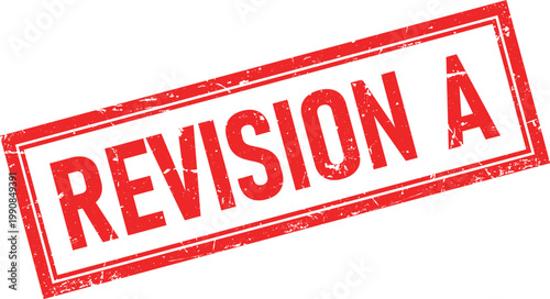 Revision A Rectangular Distressed Red Rubber Stamp Impression on White