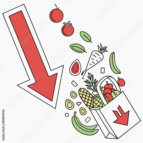 Colorful illustration of grocery bag with fresh produce spilling out and a large red arrow pointing down
