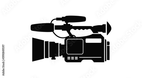 A black silhouette of a professional video camera with attached microphone