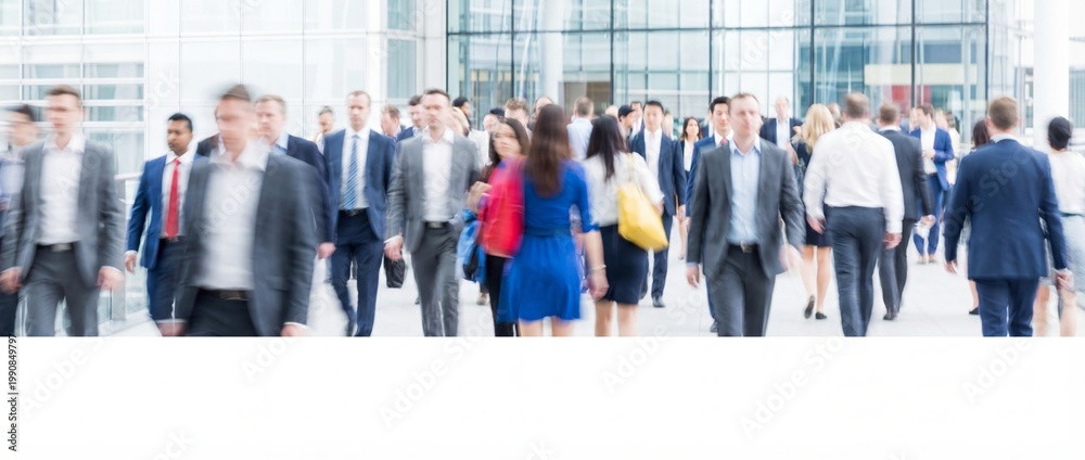 Obraz premium Blurred motion of business people's legs and feet walking fast in a bright modern corporate hallway. Rush hour commute