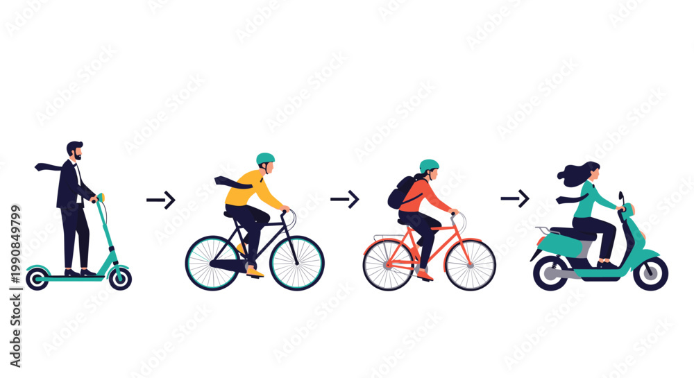 Obraz premium Series of people using various eco friendly transportation modes including electric scooter, bicycle, and moped for city commuting.