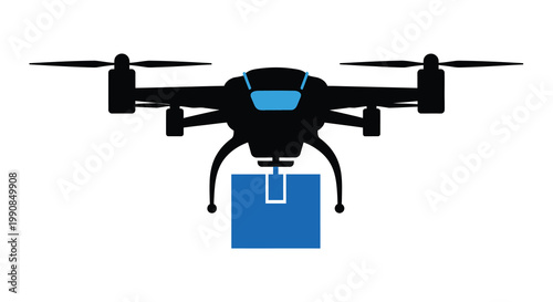 A sleek black drone carrying a bright blue rectangular package below